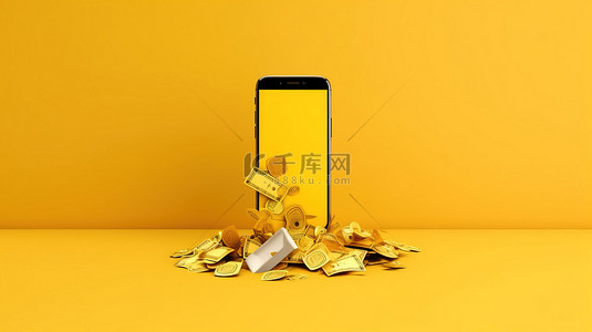 黄色背景的 3D 渲染，包含电话信用卡和金币