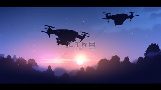 黄昏天空中的无人机剪影的 3D 渲染
