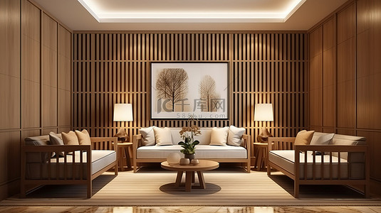 酒店客房的时尚 3D 渲染图，设有两个优雅的木板条墙