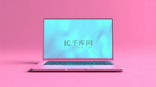 时尚的双色调蓝色笔记本电脑，带有空白屏幕，采用充满活力的粉红色背景 3d 渲染设计