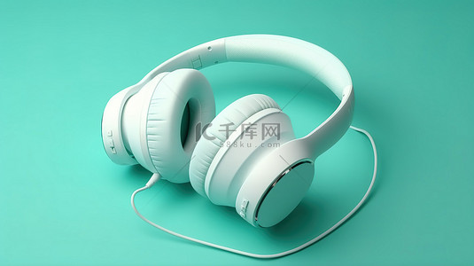 蓝牙耳机背景图片_绿松石背景突出了 3D 渲染的白色耳机