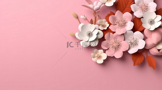 春夏叶子背景图片_具有充足复制空间的春季花卉背景的 3D 插图