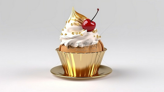 樱桃冰淇淋背景图片_3D 渲染的纸杯蛋糕，白色背景上有金色圣代冰淇淋和樱桃