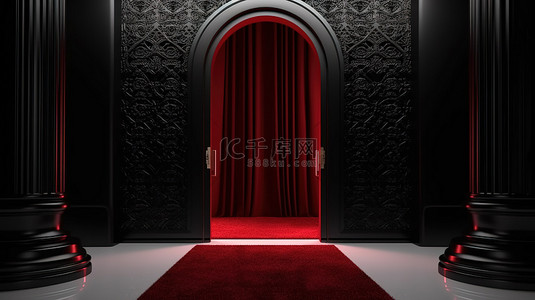 门红背景图片_VIP 主题 3D 渲染优雅的黑色阿拉伯门，饰有醒目的红色窗帘
