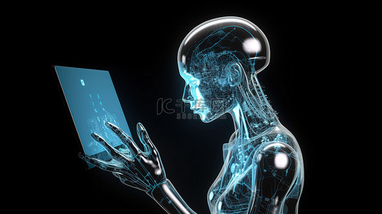 数字艺术女性机器人在 3D 渲染的玻璃平板电脑上举行图形显示