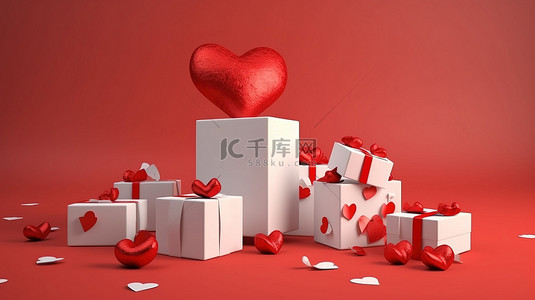 用精美的礼品盒 3D 渲染来庆祝爱情和情人节