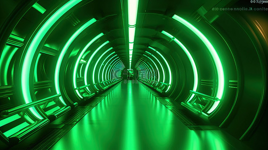 充满活力的绿灯在抽象的 3D 插图中照亮了对称的现代隧道