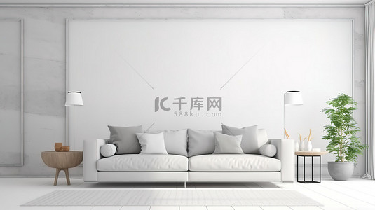 枕头样机背景图片_白色背景下带枕头和灯的壁挂式客厅沙发的渲染 3D 插图