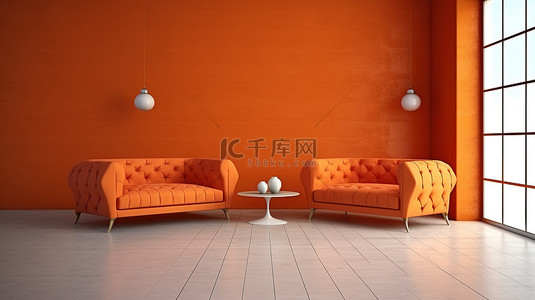 树叶背景下的充满活力的橙色沙发 3D 渲染