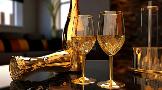 金色香槟瓶和眼镜的豪华 3D 渲染