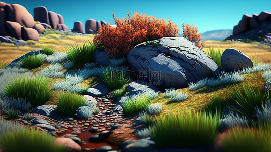 游戏岩石背景图片_草地植物自然岩石
