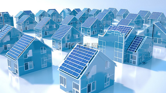 蓝色太阳能电池板装饰温室的 3D 渲染在白色背景下的白色房屋中脱颖而出