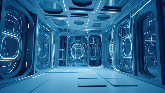 未来派元宇宙空间与蓝色壁纸创新和技术的 3D 愿景