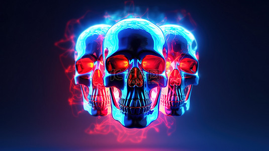 蓝色骨骼背景图片_未来的 3D 头骨是一个很酷的设计元素，用蓝色红色和霓虹灯照亮