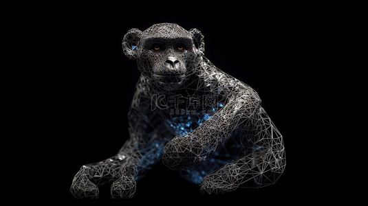 猴子下山背景图片_以 3D 多边形设计渲染的黑色孤立线框猴子