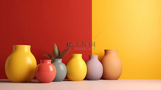 黄色背景上充满活力的简约陶瓷花瓶和罐子 3D 渲染的家居装饰