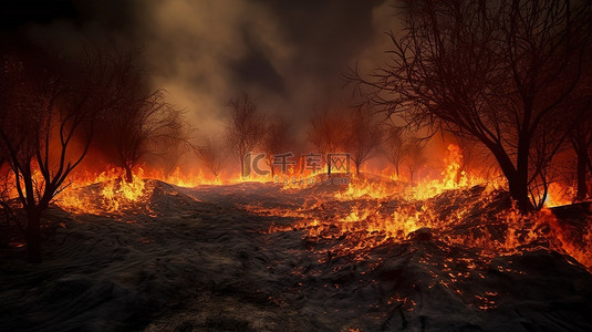 地狱十八层背景图片_树林中的地狱，火焰吞噬树木和地面的 3D 渲染