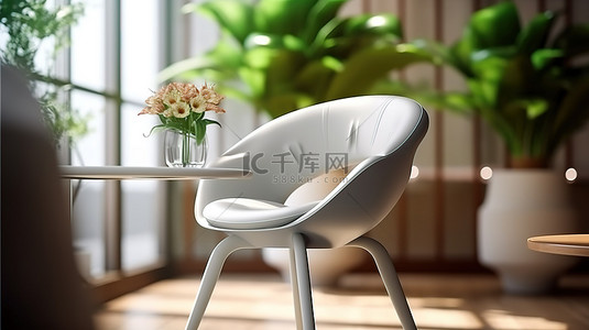 在舒适的客厅或咖啡馆环境中装饰着鲜花的椅子的 3D 渲染