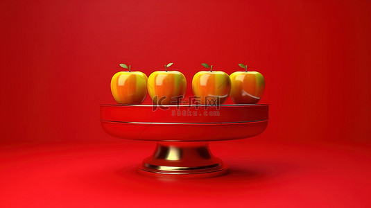 将苹果放在红色讲台上 3d 渲染