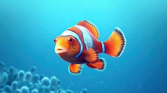 蓝色背景下红海的 3d 渲染卡通小丑鱼