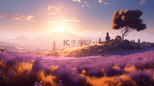 紫色花朵插画背景图片_阳光下的鲜花薰衣草装饰插画