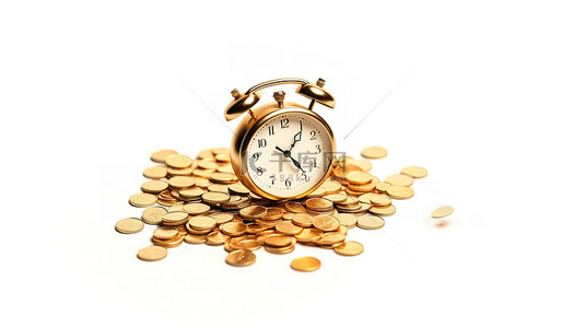 老式闹钟和象征时间的货币硬币是白色背景 3D 渲染上隔离的金钱