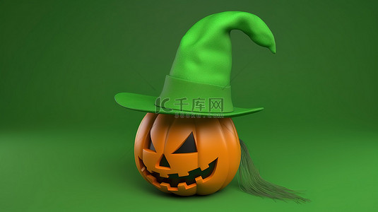 10 月 31 日，3D 南瓜头戴着绿色背景的帽子，庆祝万圣节快乐
