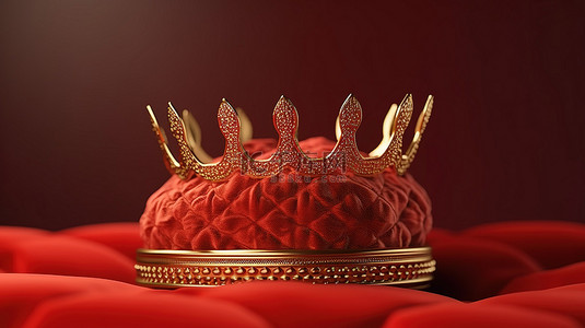 红色背景上 3D 渲染的金色王冠雄伟而富丽堂皇