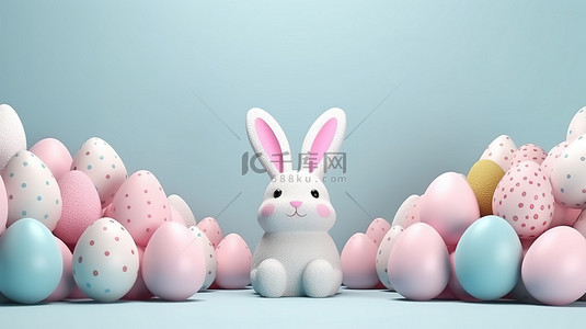 什么形式背景图片_令人愉快的复活节卡通片，由兔子耳朵和彩色彩绘鸡蛋组成，在柔和的背景上以 3D 形式呈现