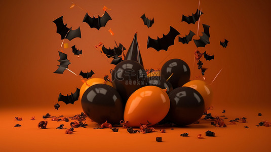 购物节宣传背景图片_阴森恐怖的 3D 万圣节庆祝活动，配有蝙蝠气球和橙色派对装饰