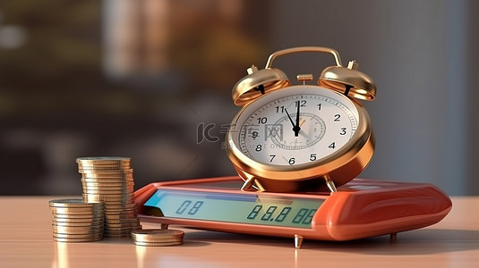 金钱银行背景图片_在 3D 渲染中用闹钟和硬币概念化“时间就是金钱”规模