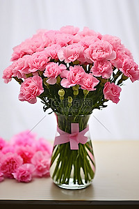 桌上花瓶里放着粉色康乃馨，上面有手写的便条