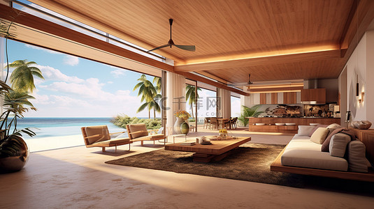 具有豪华内饰的当代海滨别墅或陈列室的令人惊叹的 3D 效果图
