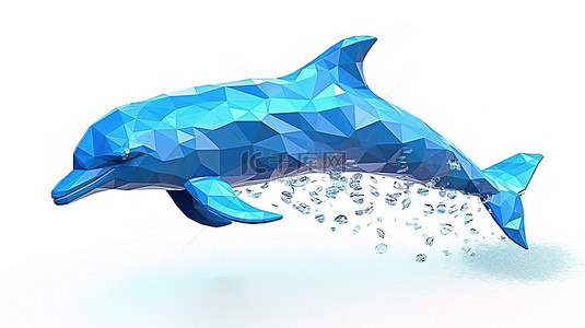 蓝色海洋或海洋中的低聚型宽吻海豚在白色背景上渲染 3D
