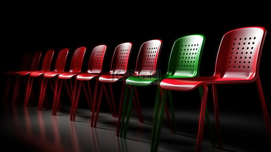 公司的招聘背景图片_绿色调的塑料和金属椅子排成一排，并以对比鲜明的红色突出显示