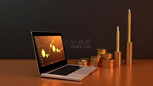 与背景图背景图片_金融投资的 3D 插图与烛台图和计算机显示硬币