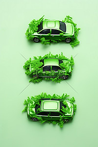 玩具交通工具背景图片_两辆绿色汽车之上的绿色能源