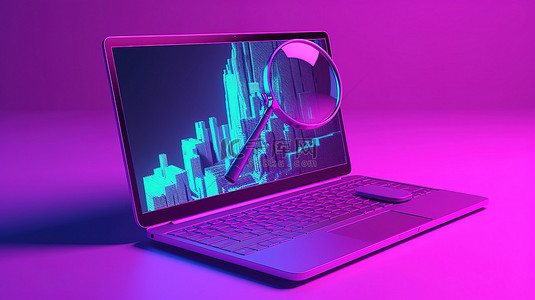 卡通电脑桌面背景图片_带有 3d 渲染网络搜索的时尚紫色计算机