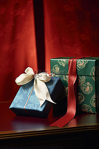 木桌上的一个礼品盒和一张绿色包装纸