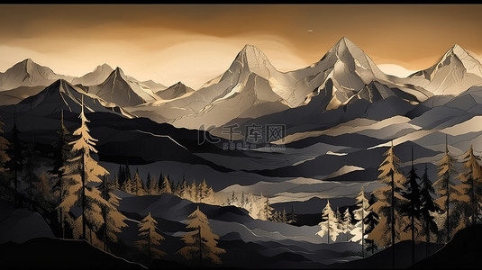 山黑色背景图片_3D风景壁画壁纸雄伟的山脉和树木金色黑色和灰色