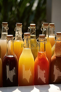 在活动背景图片_在活动期间坐着不同的彩色瓶装饮料