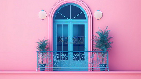 蓝色的门窗背景图片_蓝色背景下粉色金属塑料和 PVC 阳台门窗的双色调风格渲染