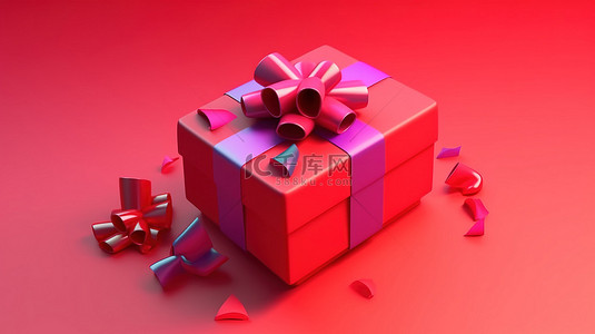 促销礼盒礼背景图片_红色背景上带有蝴蝶结的彩色礼盒的逼真 3D 渲染，非常适合活动促销和社交媒体活动