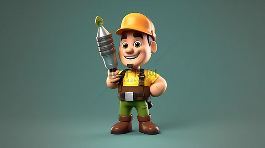 工作人员背景图片_拿着一把大螺丝刀的电工建筑工人的卡通风格 3D 插图