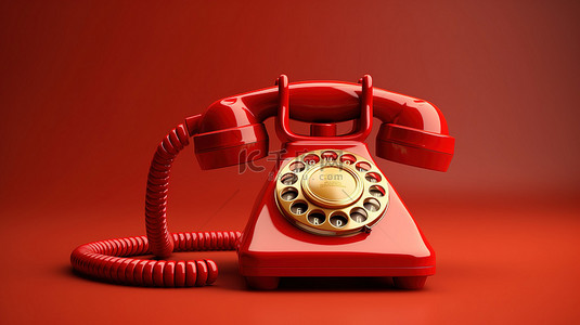 科技手红色背景图片_纯色背景上红色复古电话的 3D 渲染