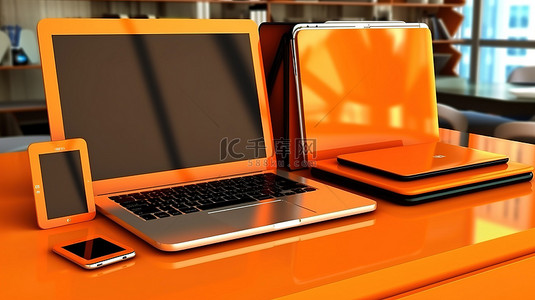 带数字设备笔记本电脑手机和平板电脑3D渲染的橙色办公桌