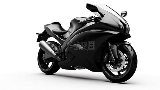 白色背景与黑色高性能运动摩托车的 3D 插图