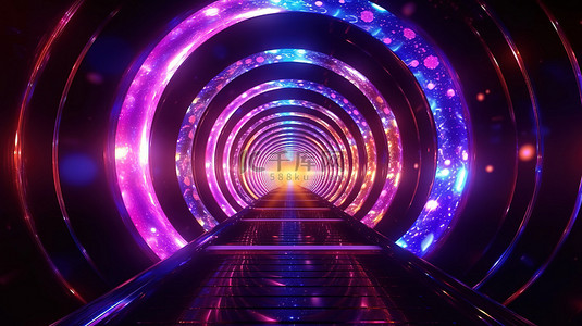 具有发光圆圈和星空背景的未来霓虹灯隧道的垂直 3D 渲染