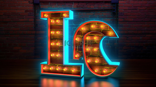 砖背景，带有霓虹灯照明的 3D 渲染字母表