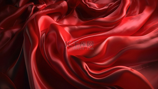 在风中摇曳的 3D 渲染中平滑流动的红色丝绸织物